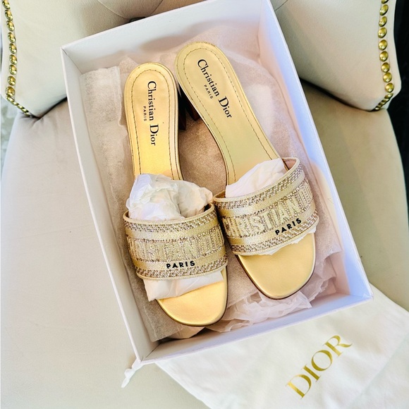 DIOR Dway Heeled SlideGold-Tone with Metallic Thread Strass 62k gold siz… - Picture 4 of 14